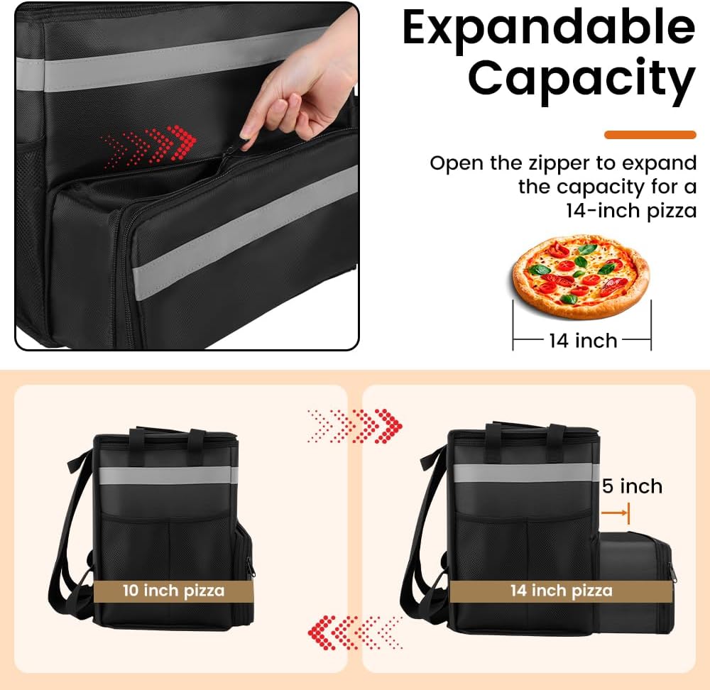 Insulated Food Delivery Backpack with Cup Holders, Expandable Bag