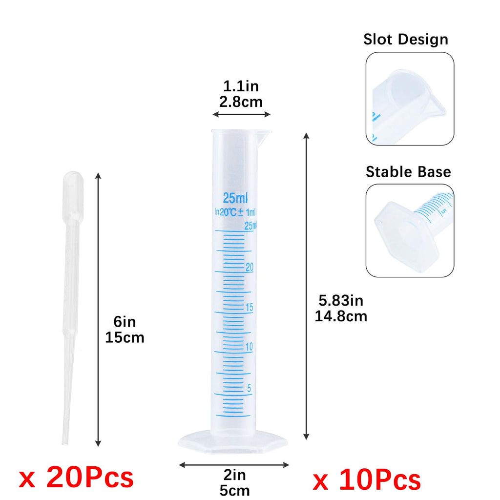 Geesatis 25ML Plastic Graduated Cylinder(10) and 2 ML(20) Plastic Droppers