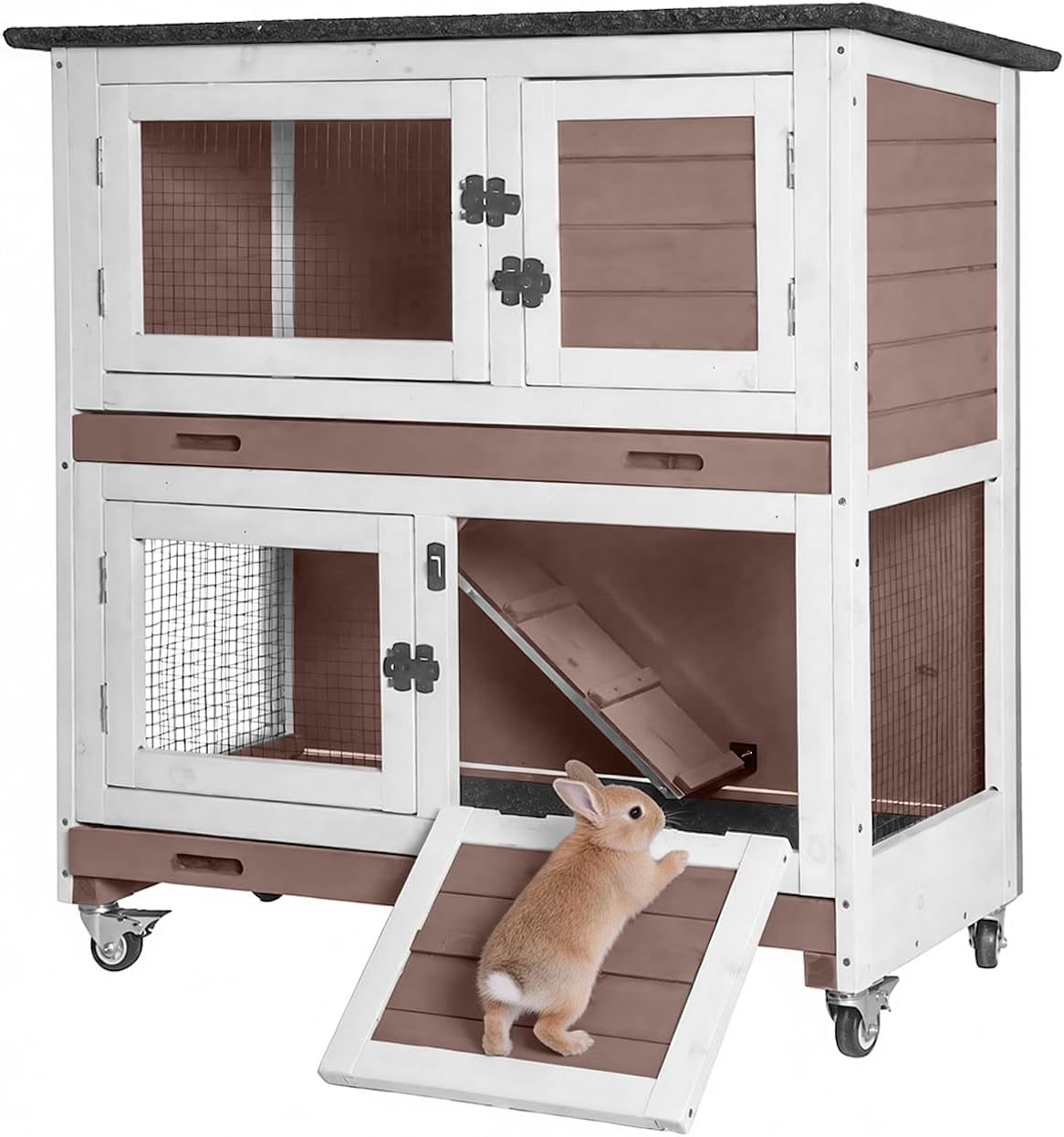 2-Story Rabbit Hutch for 1-2 Bunnies - Indoor Outdoor Wooden Guinea Pig Cages with 4 Wheels, 2 Pull-Out Trays, 5