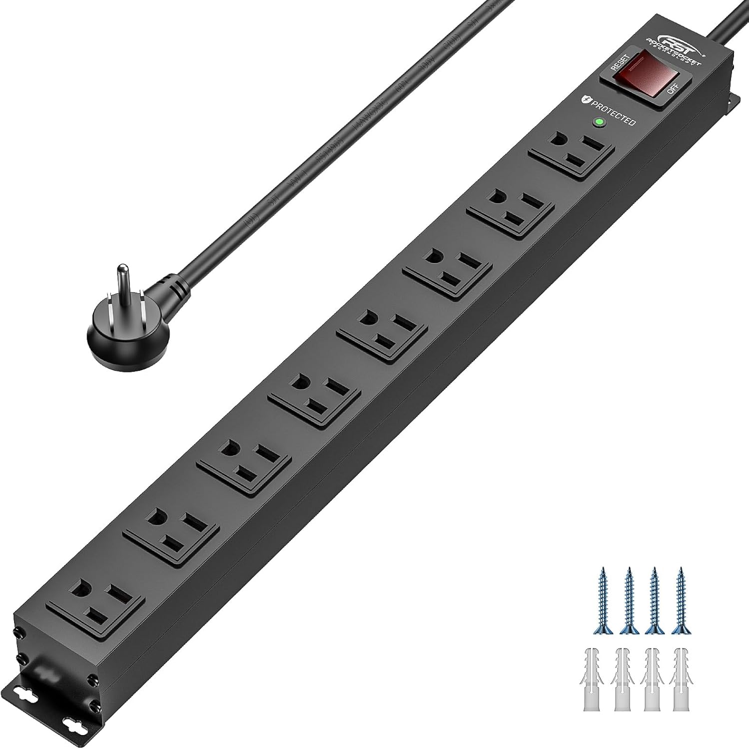 8 Outlet Metal Heavy Duty Power Strip, 15A/1875W | 2100J Surge Protector with 6FT Cord, Wide Spaced Mountable