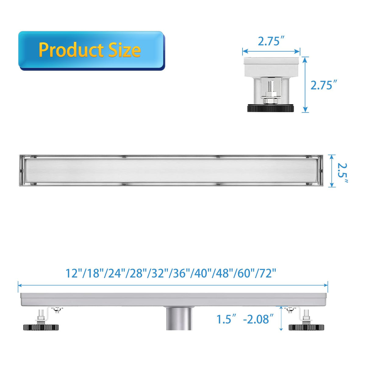 48"Linear Shower Drain Brushed Silver Drain with Tile Insert Grate