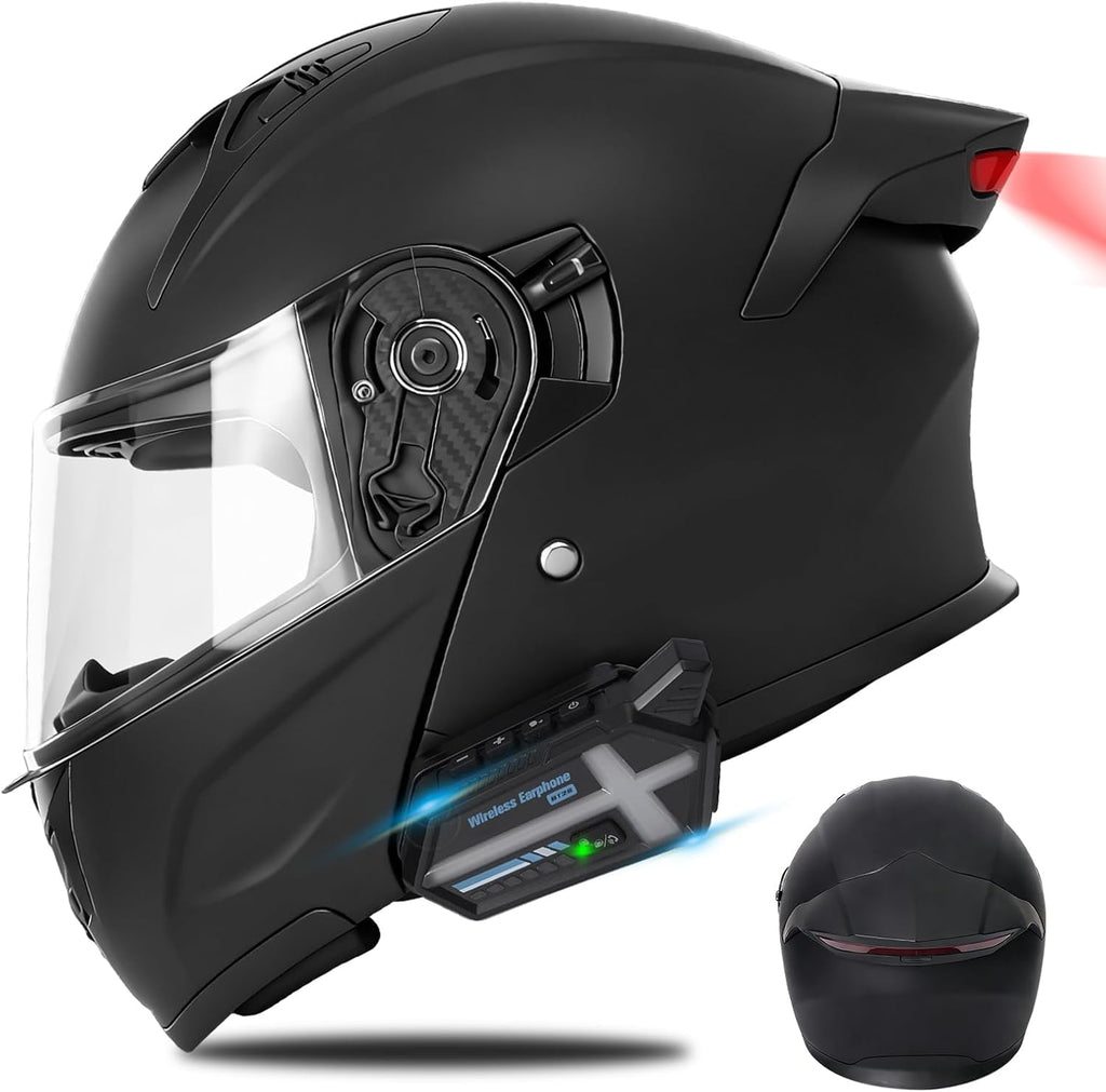 Bluetooth Modular Motorcycle Helmets with Tail Lights, DOT Approved Flip Up Full Face Motorcycle Dual Visor Helmet