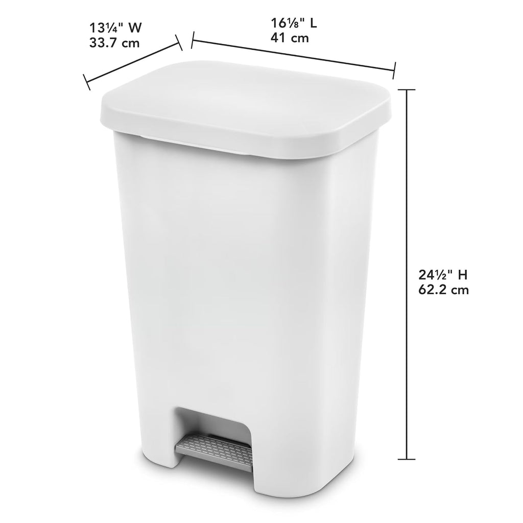 Large Kitchen Trash Can, 11.9 Gallon Plastic Garbage Bin with Step Lid, White, Hands-Free Foot Pedal, Fits Standard