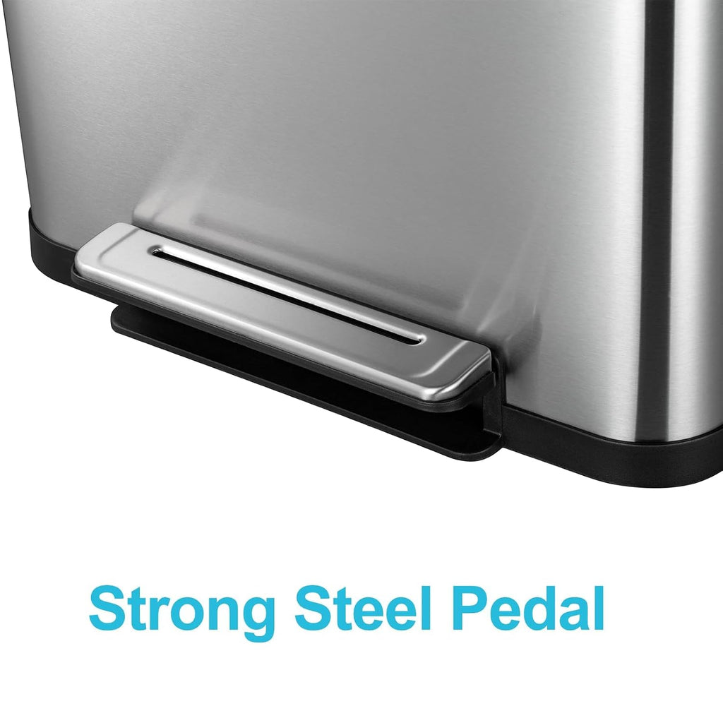 Hands-Free Pedal Kitchen Trash Can – 13 Gallon Stainless Steel Garbage Bin with Lid, Rectangular, Soft Close