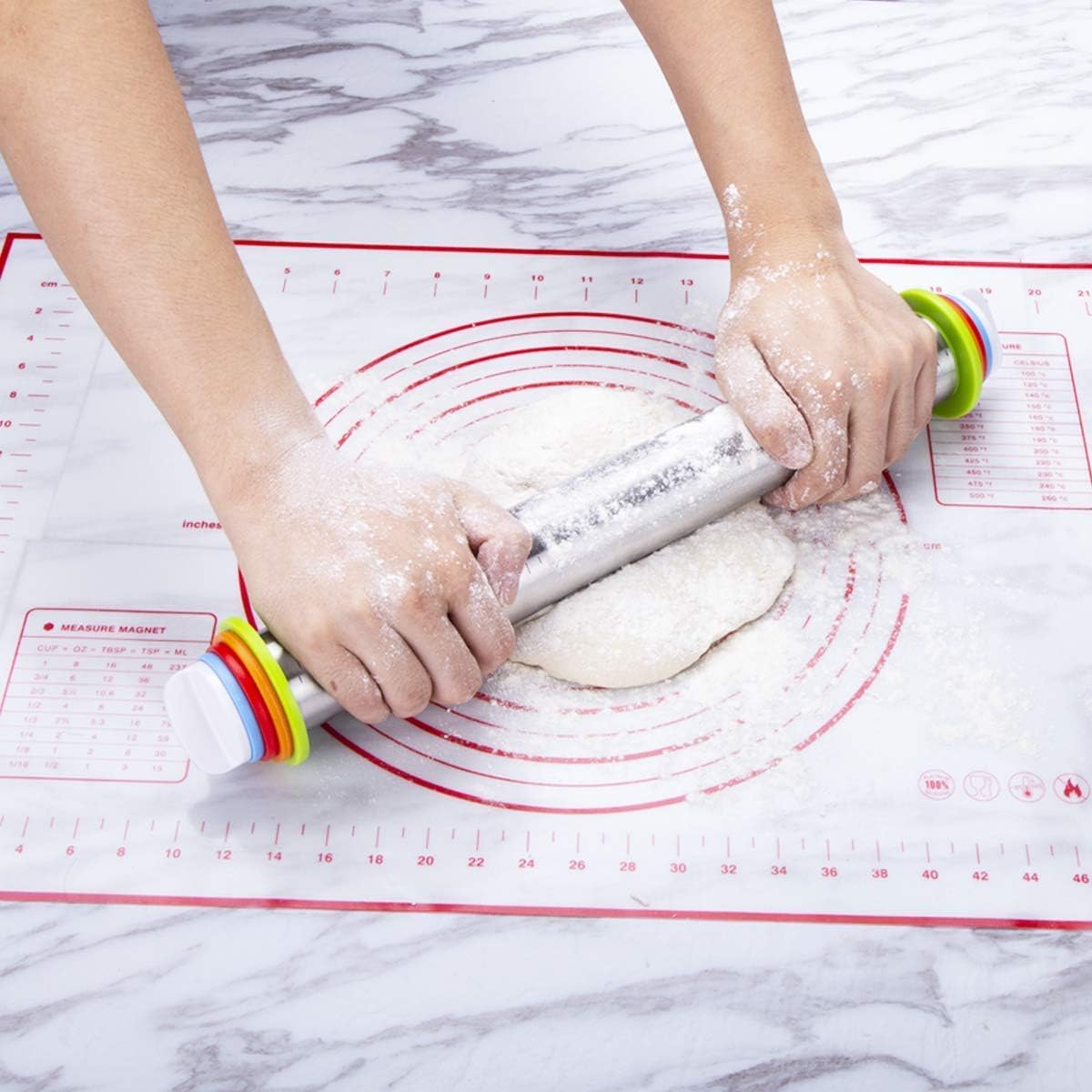 Stainless Steel Rolling Pin & Baking Mat Set with Adjustable Thickness Ring
