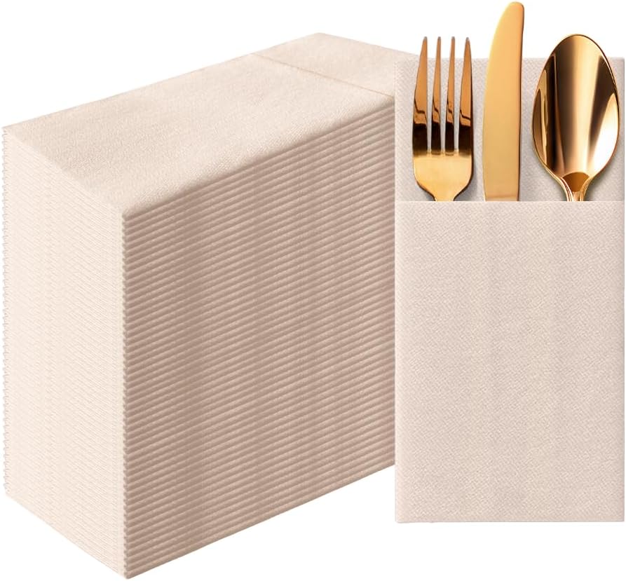 Wedding Linen Feel Flatware Pocket Napkins, Prefolded 50 Count - Beige