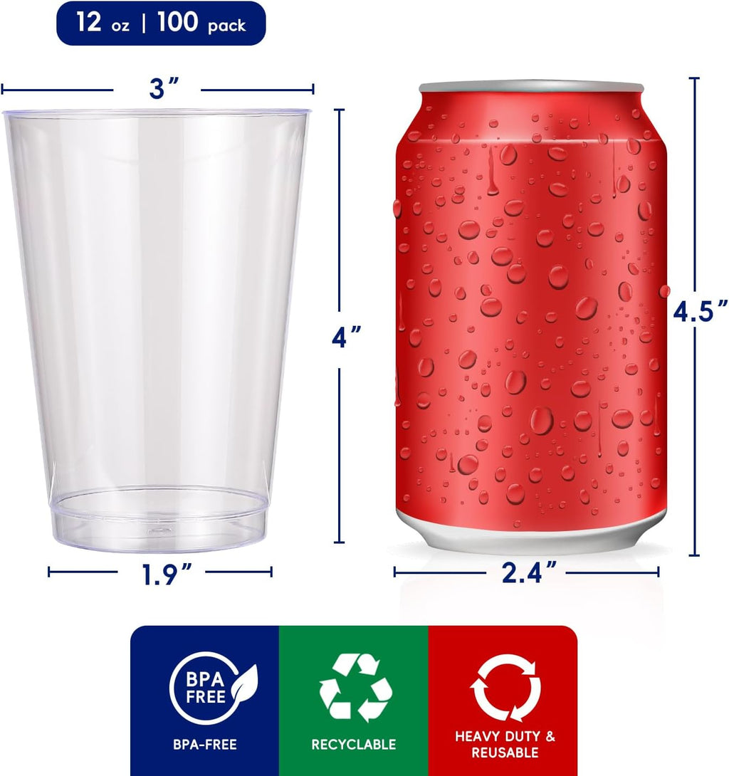 100 Pack 12 oz Disposable Clear Plastic Cups, Party Cups