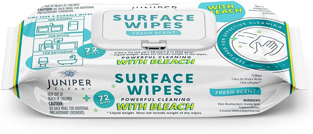 1 Pack Surface Wipes with Bleach, All-Purpose Cleaner for Bathroom, Kitchen, Office, 72 Count Soft Flow, Fresh Scent