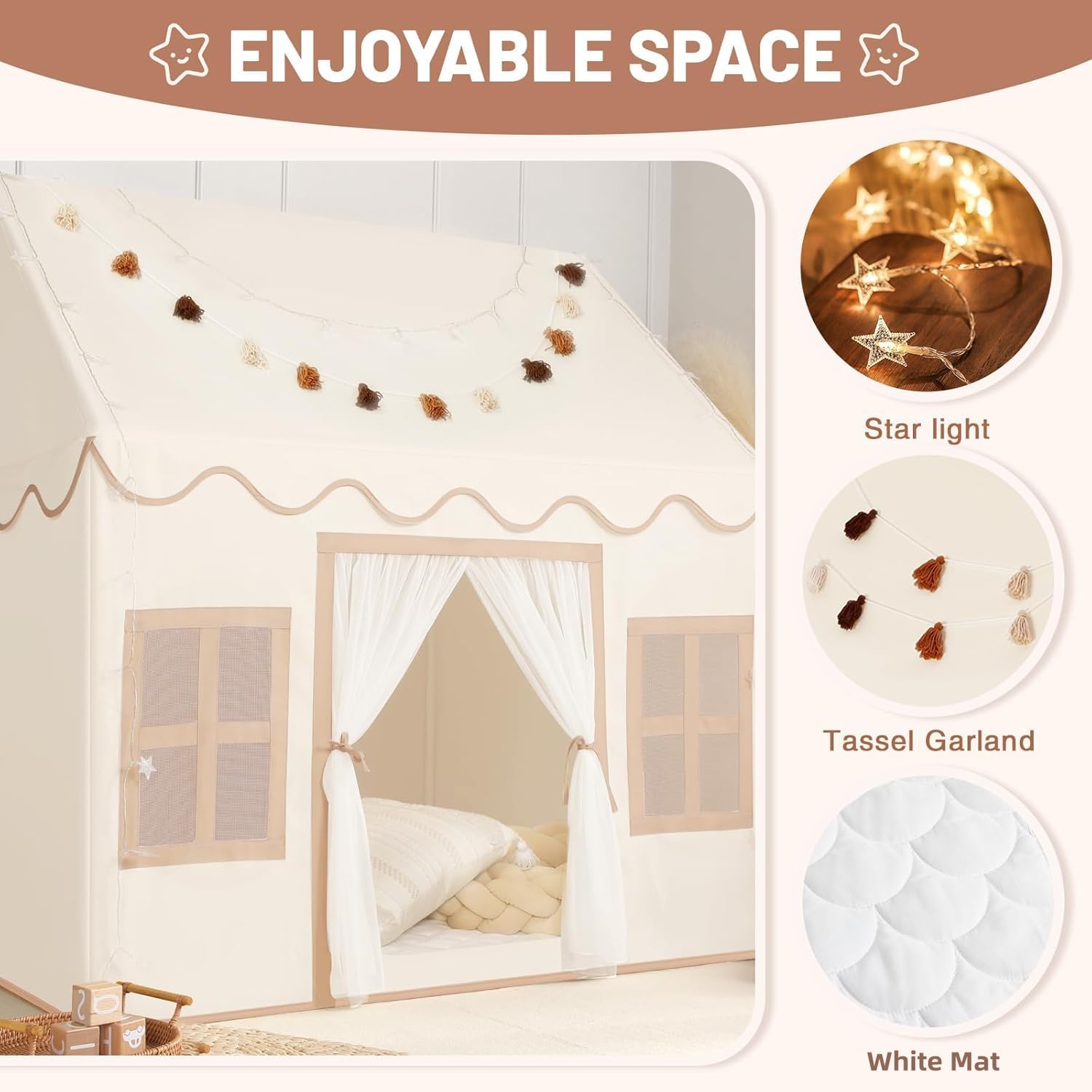 Kids Play Tent Indoor: with Mat, Tassel Garland - Girl Tent Indoor Playhouse for Kids Toys for Boy Girl Birthday Gift