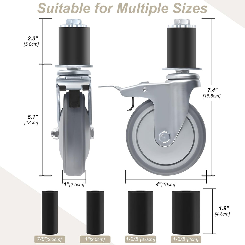 4 Inch Prep Table Caster Wheels Set, 4 Heavy Duty Expanding Stem Casters Fit 7/8", 1", 1-1/2", 1-5/8" Tube Leg with