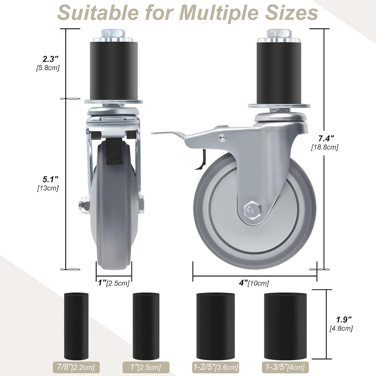 4 Inch Prep Table Caster Wheels Set, 4 Heavy Duty Expanding Stem Casters Fit 7/8", 1", 1-1/2", 1-5/8" Tube Leg with