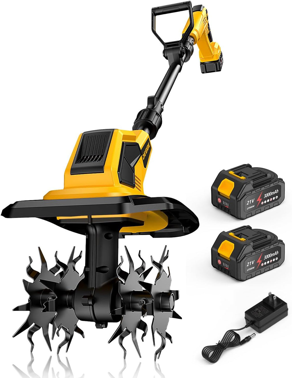 Tiller, Cordless Tiller Cultivator with 48 Steel Tines, 9 inch Tilling Width and 6.7 inch Depth, 2 x 3.0Ah 21V