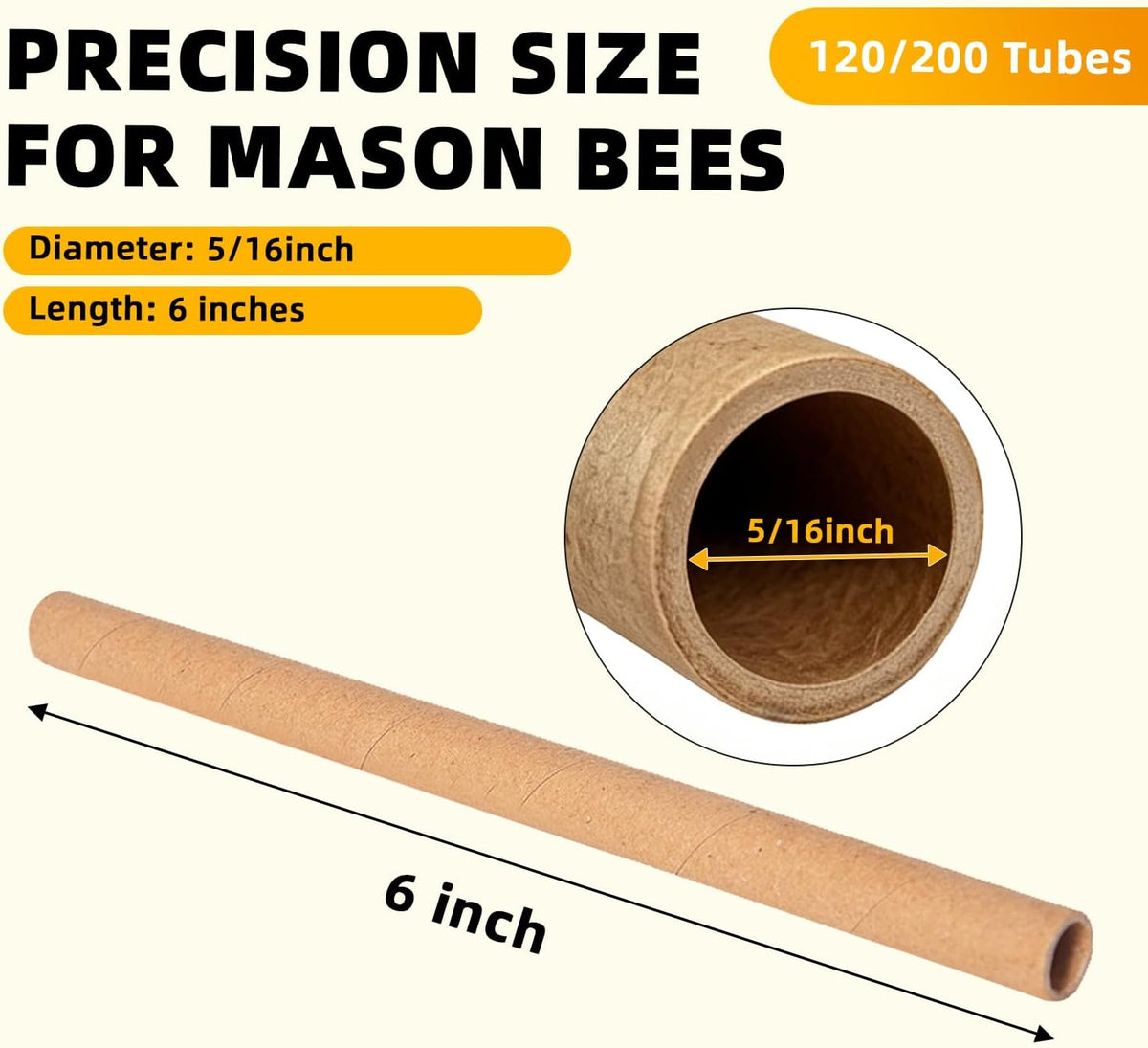Mason Bee Tubes 200 Pack – 6" x 5/16" Refill Inserts for Bee House, Bee Hotel, Kraft Paper Bee Nesting Tube