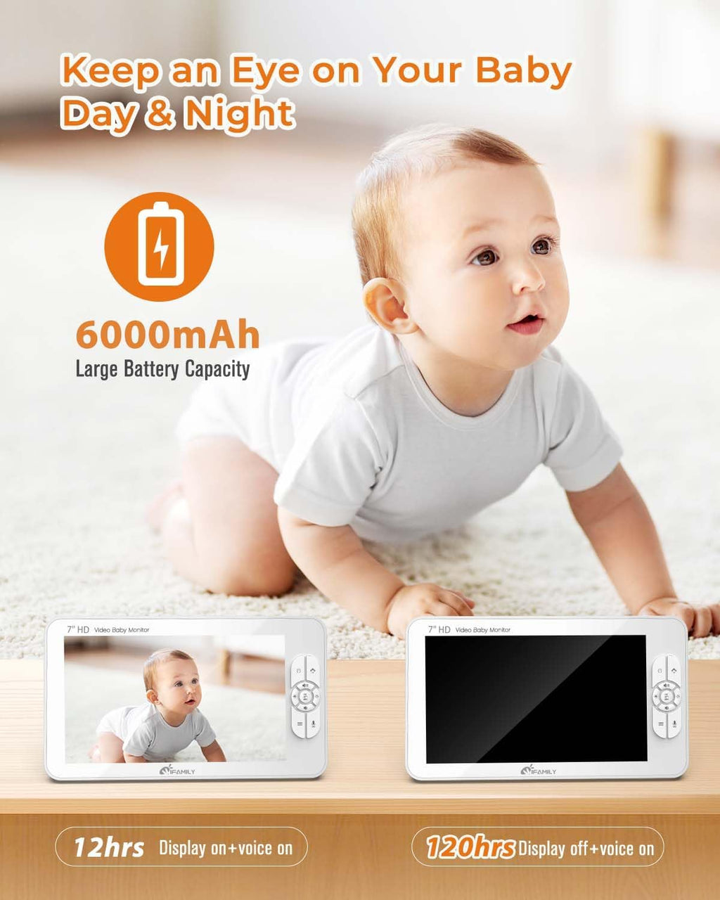 7" Large Split Video Baby Monitor with 2 1080P HD Cameras and Audio | Up to 120hr Battery Life,Hack Proof,Video Baby