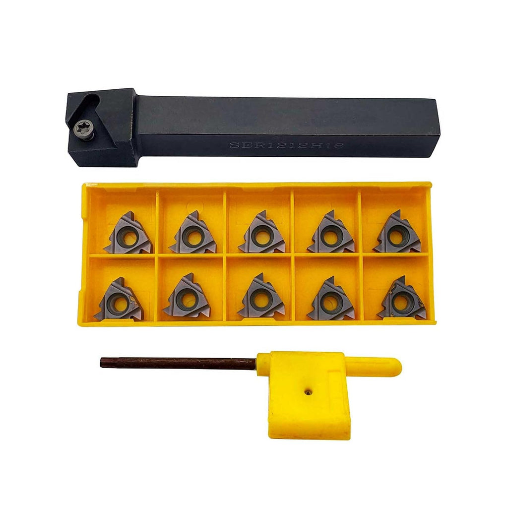 1/2inch Shank SER1212H16 Threading Tool Holder Right Hand External Threading with 10pcs 16ER AG60 Threading Carbide Inserts for Stainless Steel Cutting