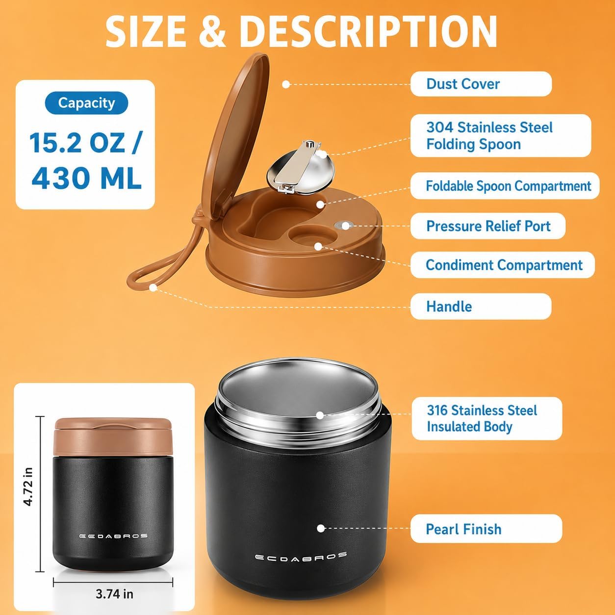 Kids Thermo Food Jar for Hot Food, 15.2 oz Vacuum Insulated Hot & Cold Lunch Container with 316 Stainless Steel