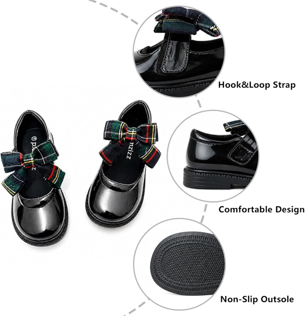 Girls Black Mary Jane Dress Shoes School Shoes | Bow Soft Insole Hook‑and‑Loop Strap Flats for Toddler Little & Big Girl