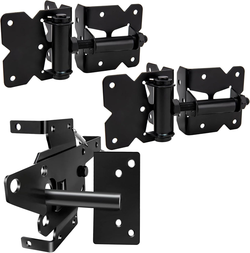 Self Locking Gate Latch and Gate Hinges Set Heavy Duty Hardware Hinges for Vinyl and Wood Fence with Installation