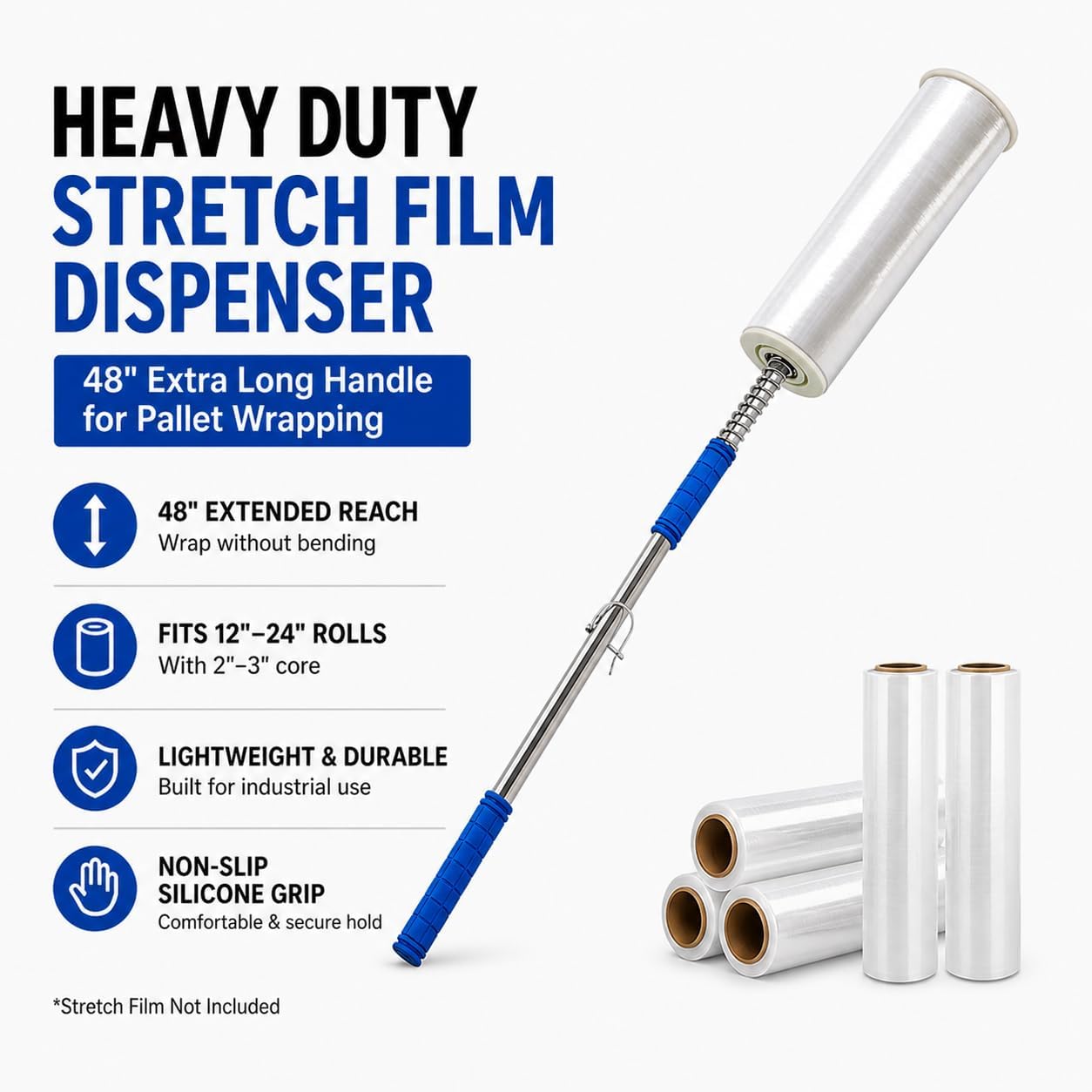 48 Inch Stretch Film Dispenser Pole Holder, Heavy Duty Long Handle Stretch Wrap Dispenser for Pallet Wrapping, Pallet