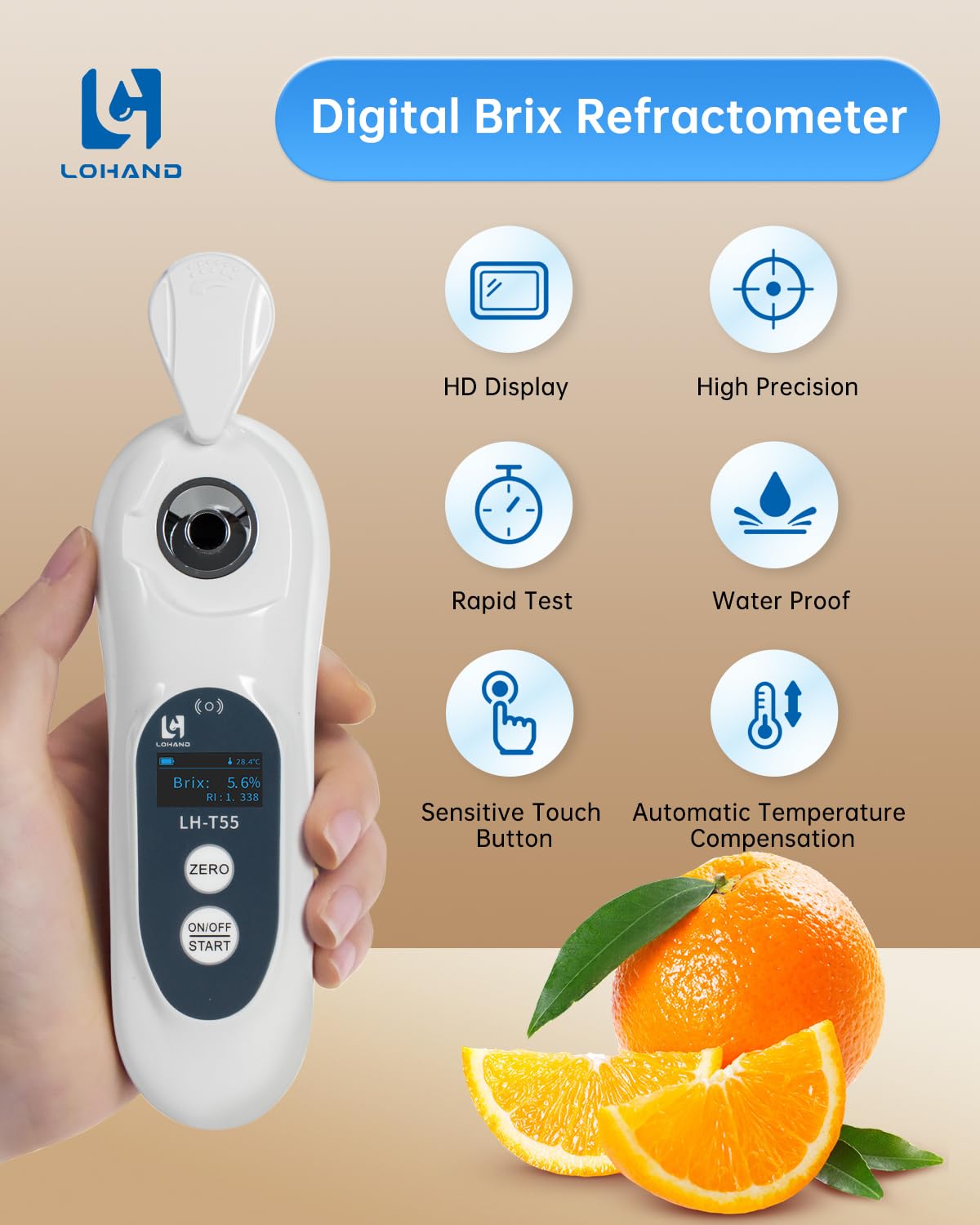 Digital Brix Refractometer with ATC, 0-55% Range and ±0.2% Accuracy