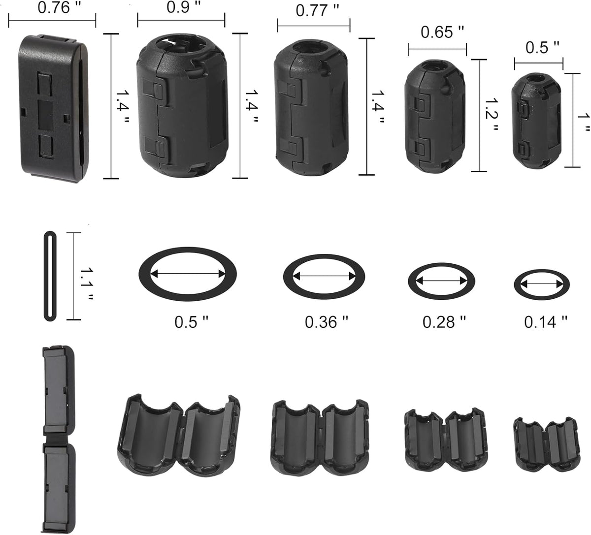 20PCS Snap-On Ferrite Core Kit with Flat Cable Cores (Up to 1.1 in Wide), Multi-Size Ferrite Beads for EMI RFI Noise Suppression, Fits 0.14–0.51 in Round & Flat Cables (3.5–13 mm)