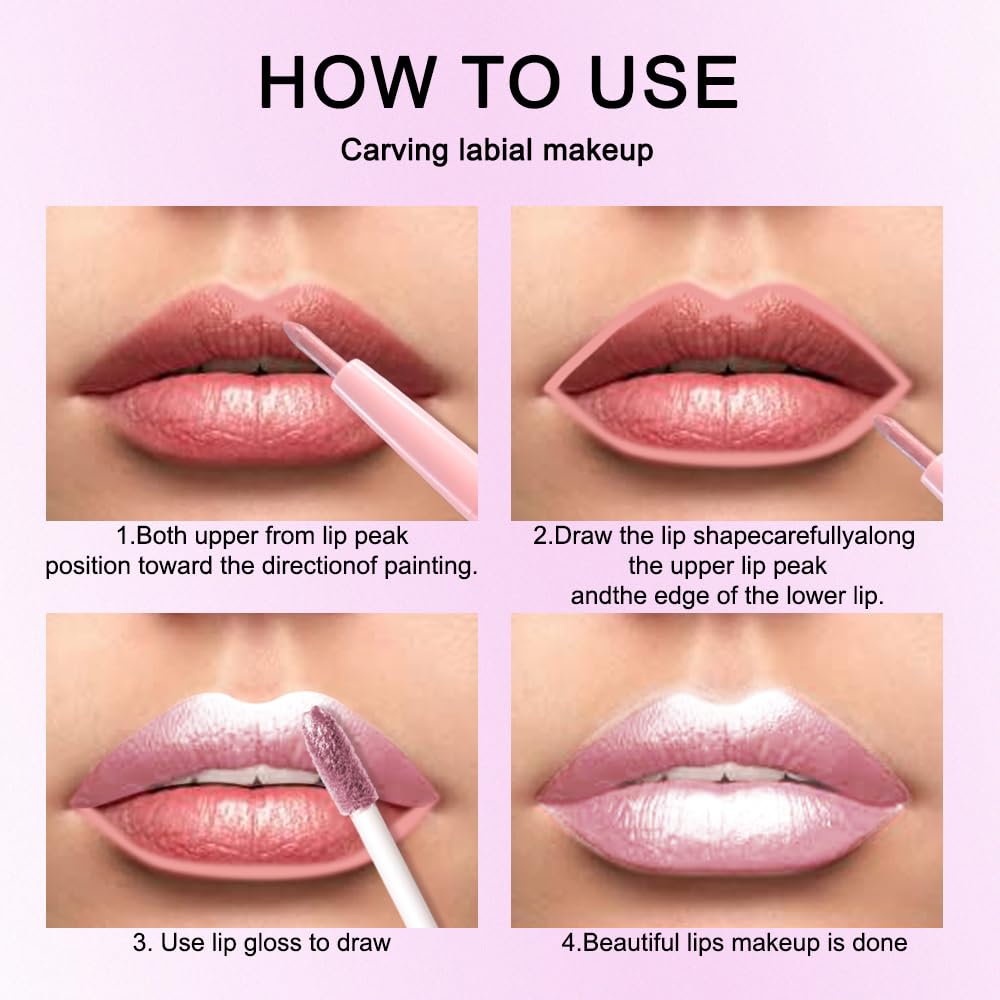 2-in-1 Light Pink Metallic Lipstick and Lip Liner, Shimmer Liquid Metallic Lipsticks for Women, Glitter Lip Gloss