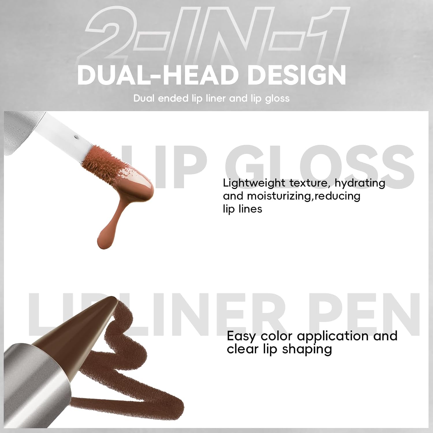 3Pcs Lip Combo Liner and Gloss Set, 2 in 1 Dual-Ended Moisturizing Plumping Brown Lip Liner Lipstick & High Shine