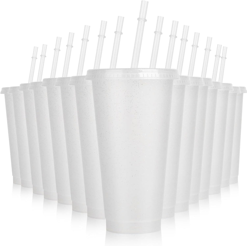 16 Pieces Reusable Cups with Lids and Straws, 24 oz Glitter Plastic Tumbler Iced Coffee Cups Travel Mug Cup for