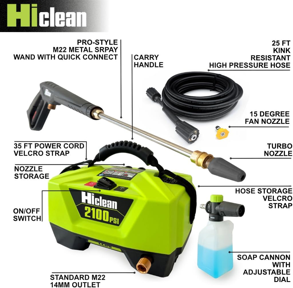 Electric Pressure Washer 2100 PSI, Green | Portable Power Washer, Car Detailing, Patios, Fences & Outdoor Cleaning