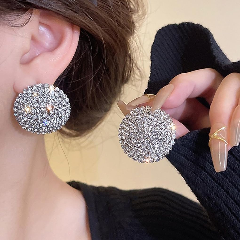 Bling Rhinestone Stud Earrings for Women Large Statement Round Earrings |