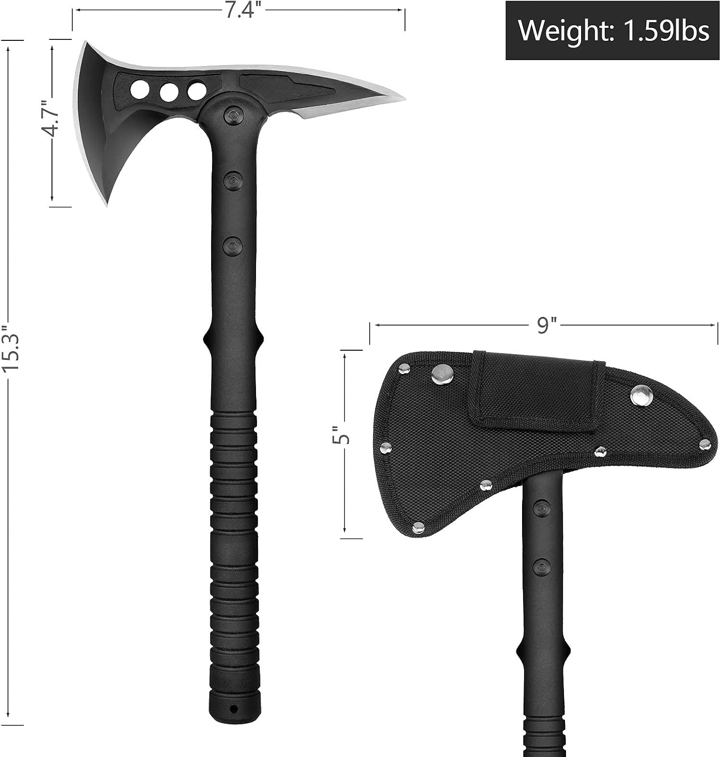 Camping Axe, Survival Throwing Hatchet with Sheath, Tactical Tomahawk with Spike, Nylon Fiber Handle for Outdoor