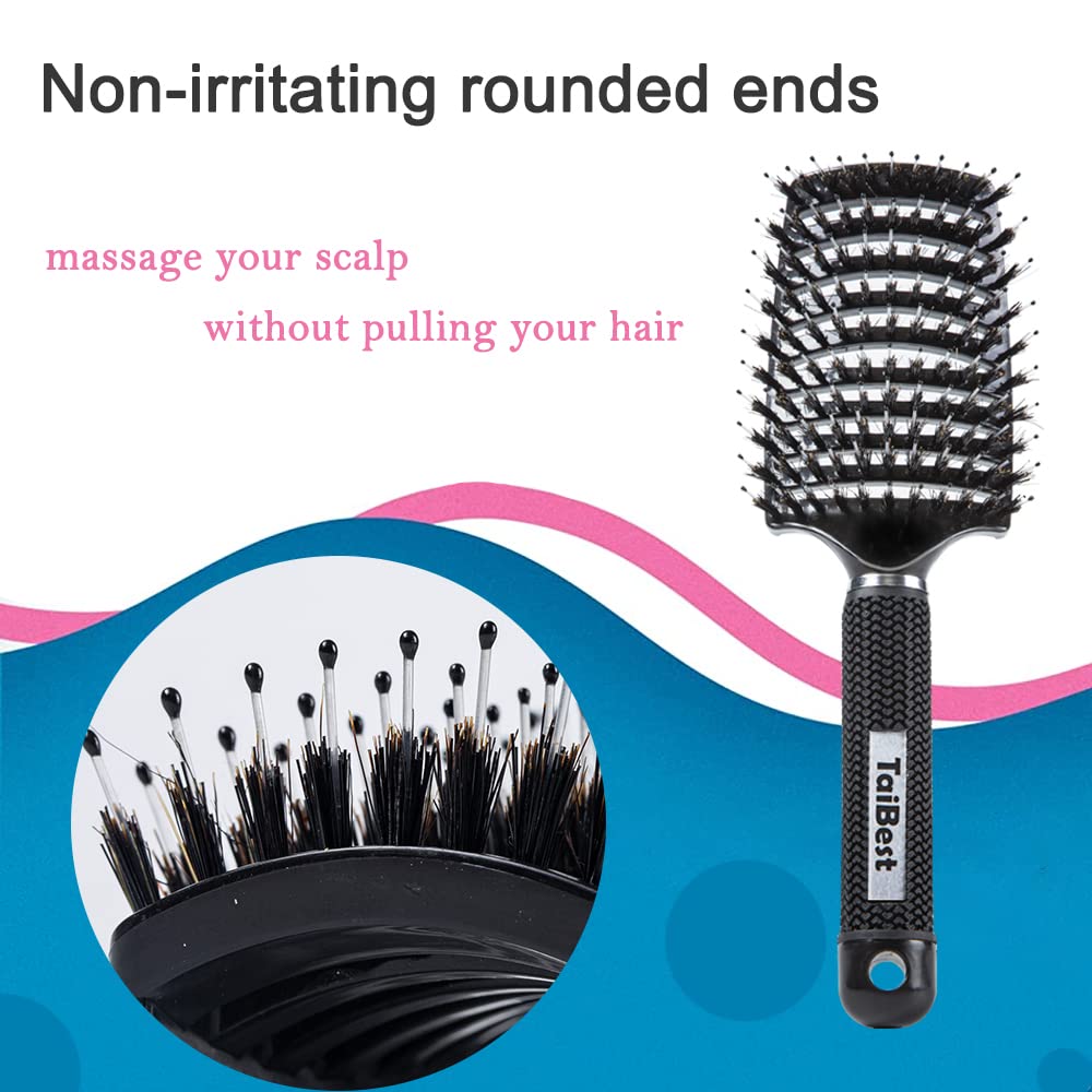 Boar Bristle Hair Brush Set - Dry/Wet Hair Brushes Detangler for Fine, Thick, Curly Hair - Curved and Vented Hair