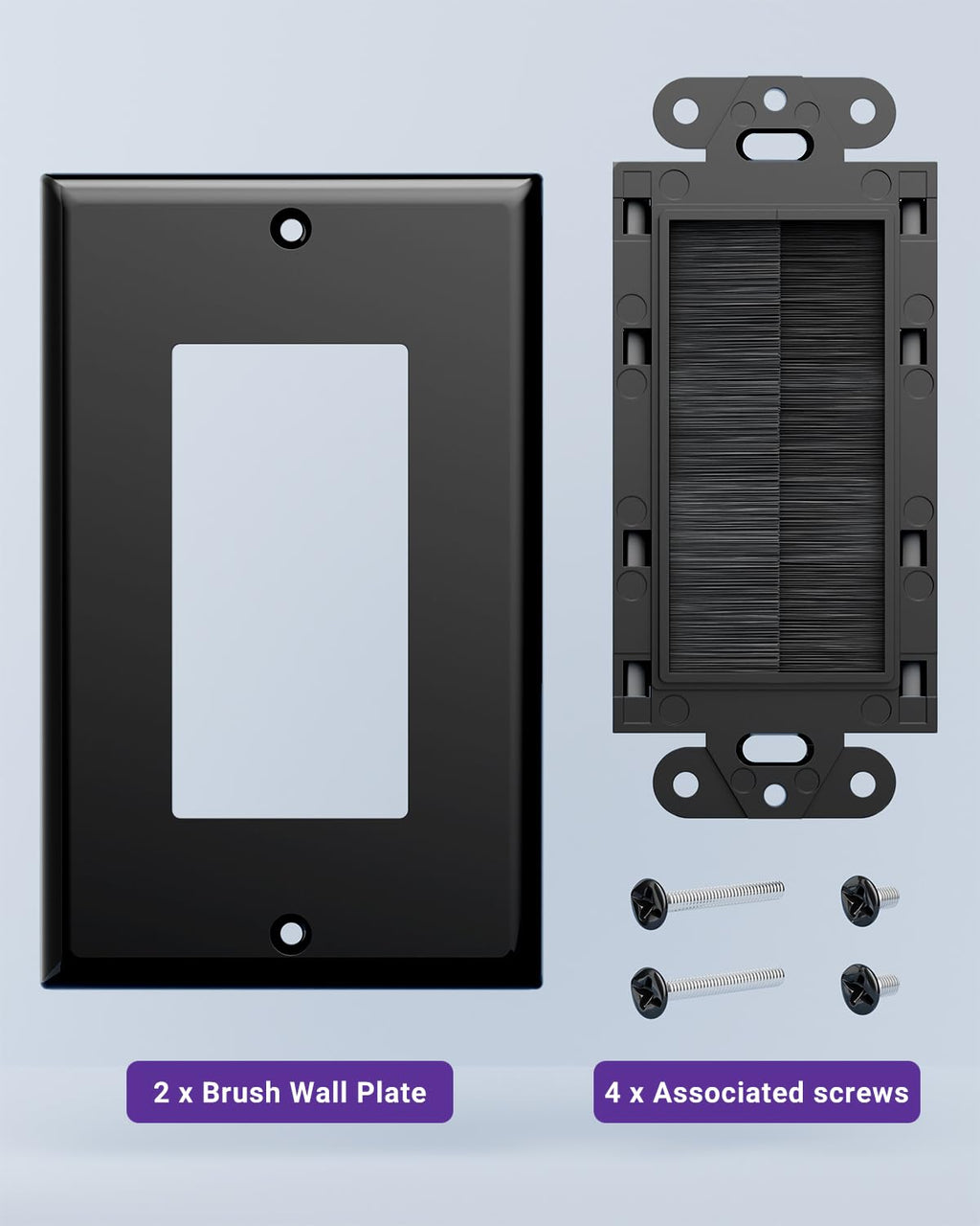 VCE Brush Wall Plate for Low Voltage Cables, Black, 2-Pack