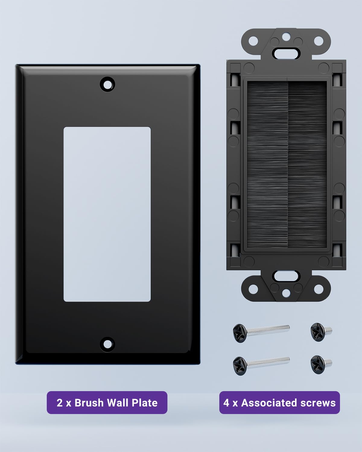 VCE Brush Wall Plate for Low Voltage Cables, Black, 2-Pack