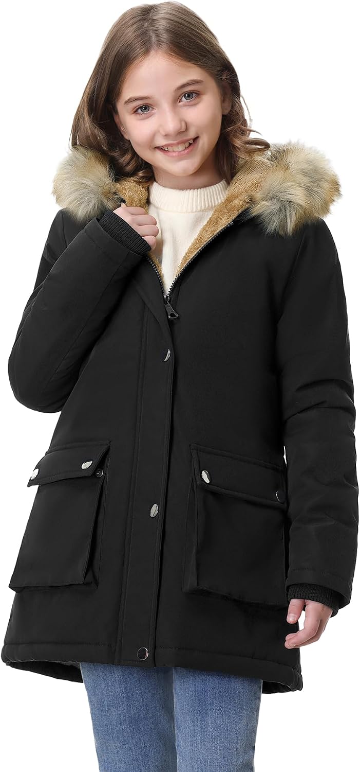 Girls' Warm Winter Coat Long Fleece Lined Puffer Jacket with Hood | Thicken Warm Parka, Removable Faux Fur Trim