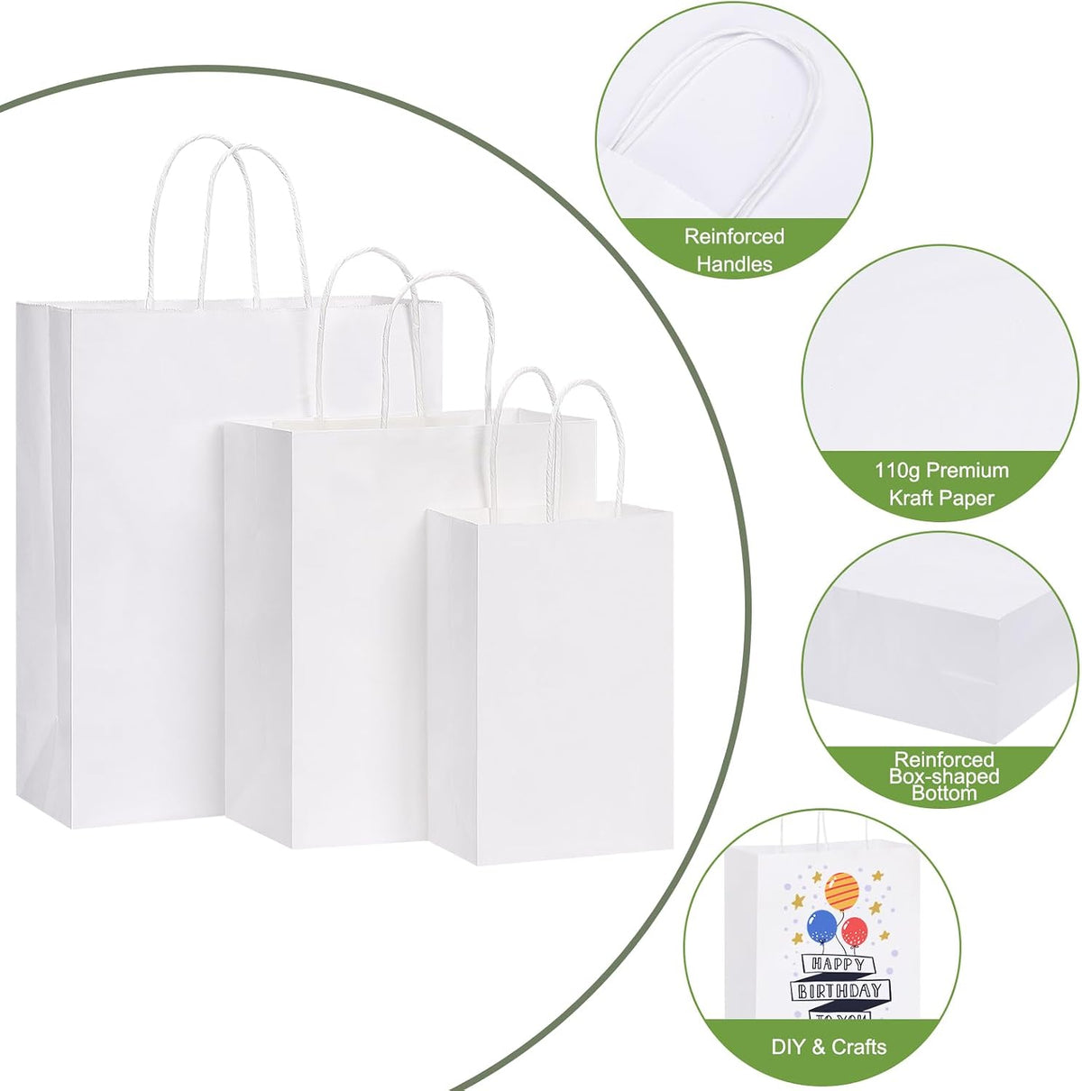 120pcs Paper Bags with Handles Assorted Sizes Kraft White Bags