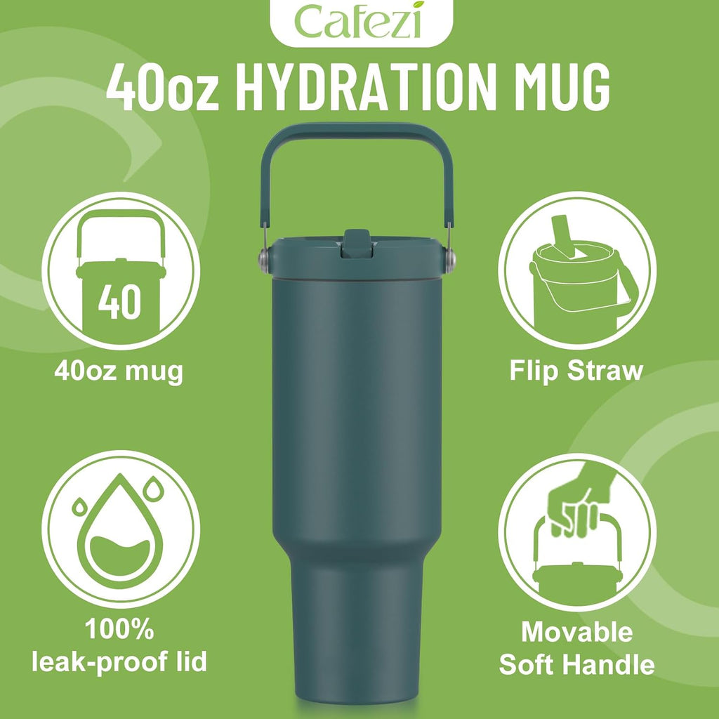 40 oz Insulated Tumbler with Top Handle and Flip Straw | Vacuum Insulated Stainless Steel Cup with Leak-Proof Lid