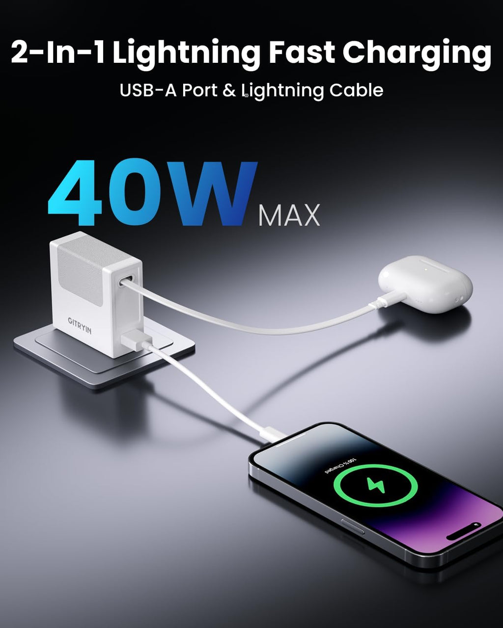 Portable Charger Block, Retractable Wall Charger, 40W PD Fast Charging Block with 33.5in Lightning Cable, Power