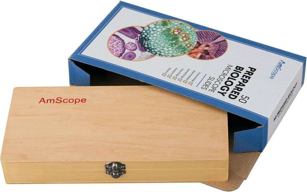 PS50 Prepared Microscope Slide Set for Basic Biological Science | 50pc Prepared Slides Professionally Stained &