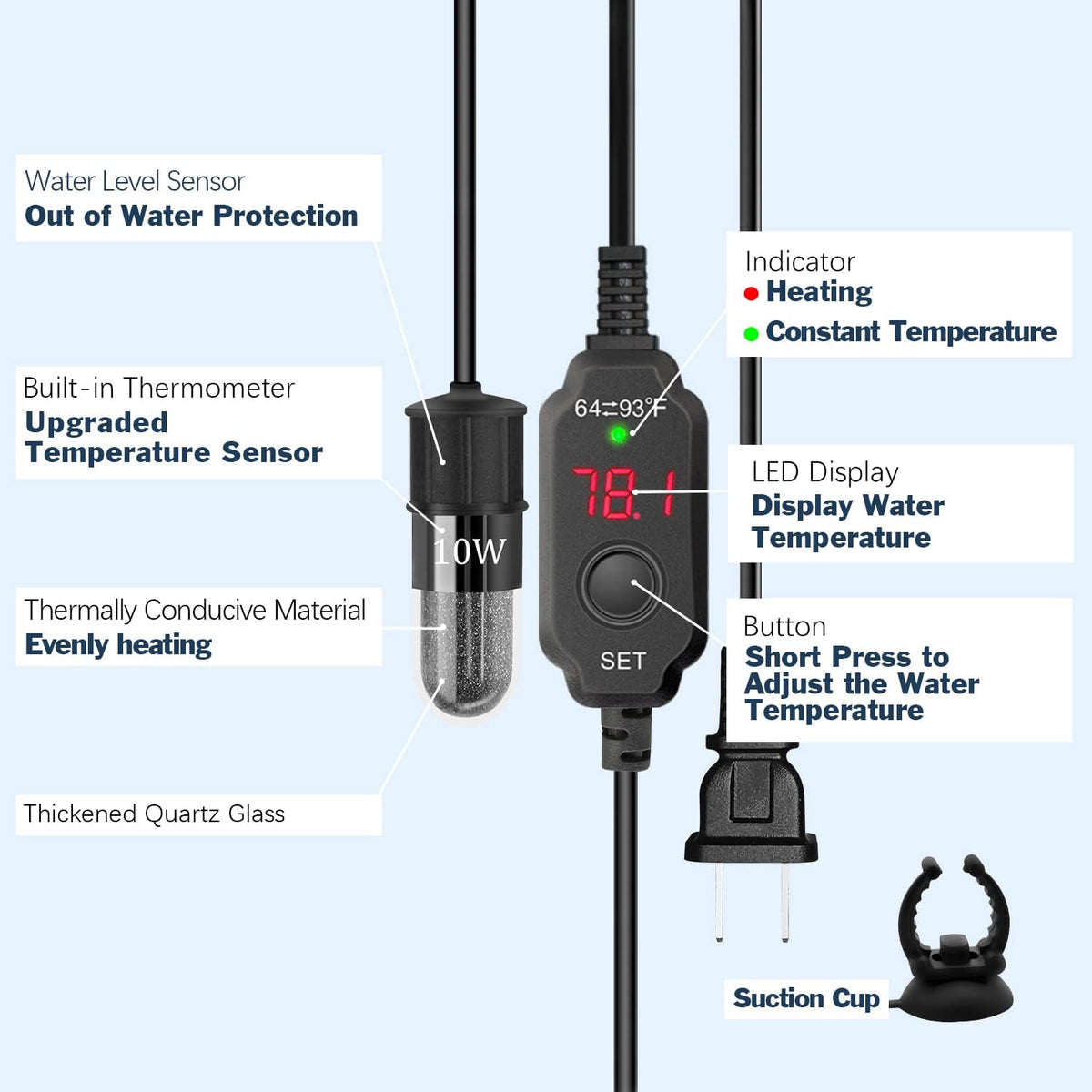 Adjustable Mini Aquarium Heater, 10W for Tanks 1-2 Gallons