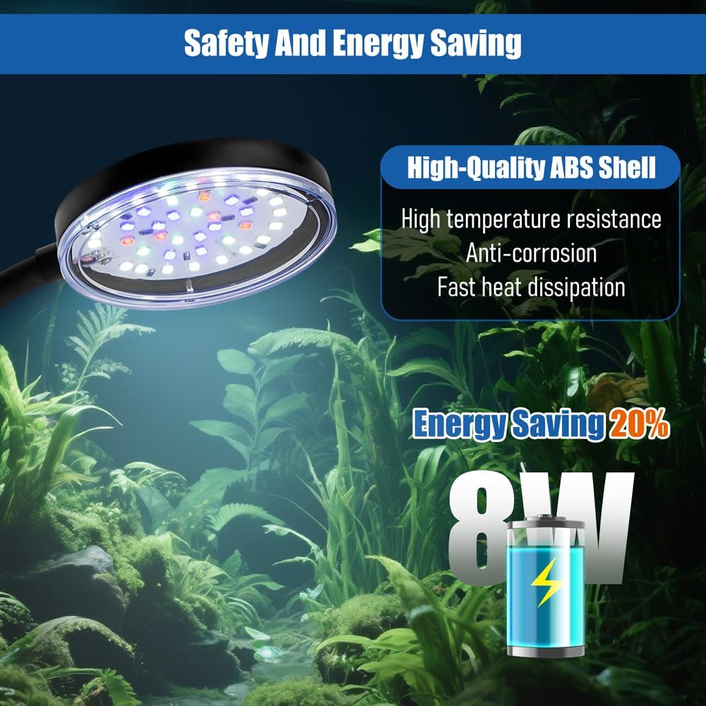 Clip On Aquarium Light 8W LED Fish Tank Light with Full Spectrum & Dimmable Brightness Timing USB Moving Aquarium