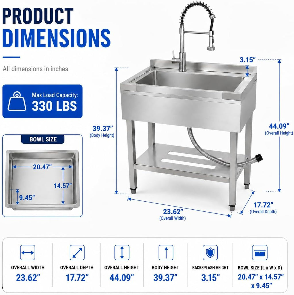 Utility Sink with Countertop and Drawer, Stainless Steel, Freestanding, Deep Single Bowl, Spring Pull-Down Faucet
