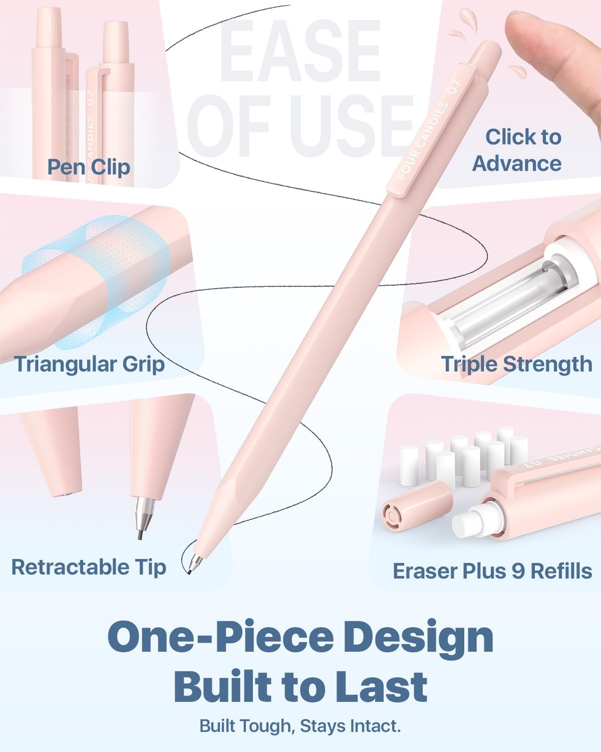 Cute Mechanical Pencil Set, 0.7mm Medium Point, 6-Count Pack | 360 HB/2B Leads, 3 Erasers, 9 Eraser Refills, Storage