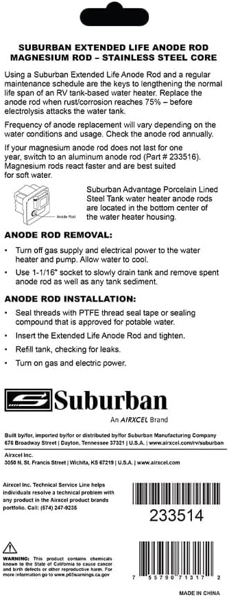 Suburban Magnesium Anode Rod for RV Water Heaters, Easy Install (233514)