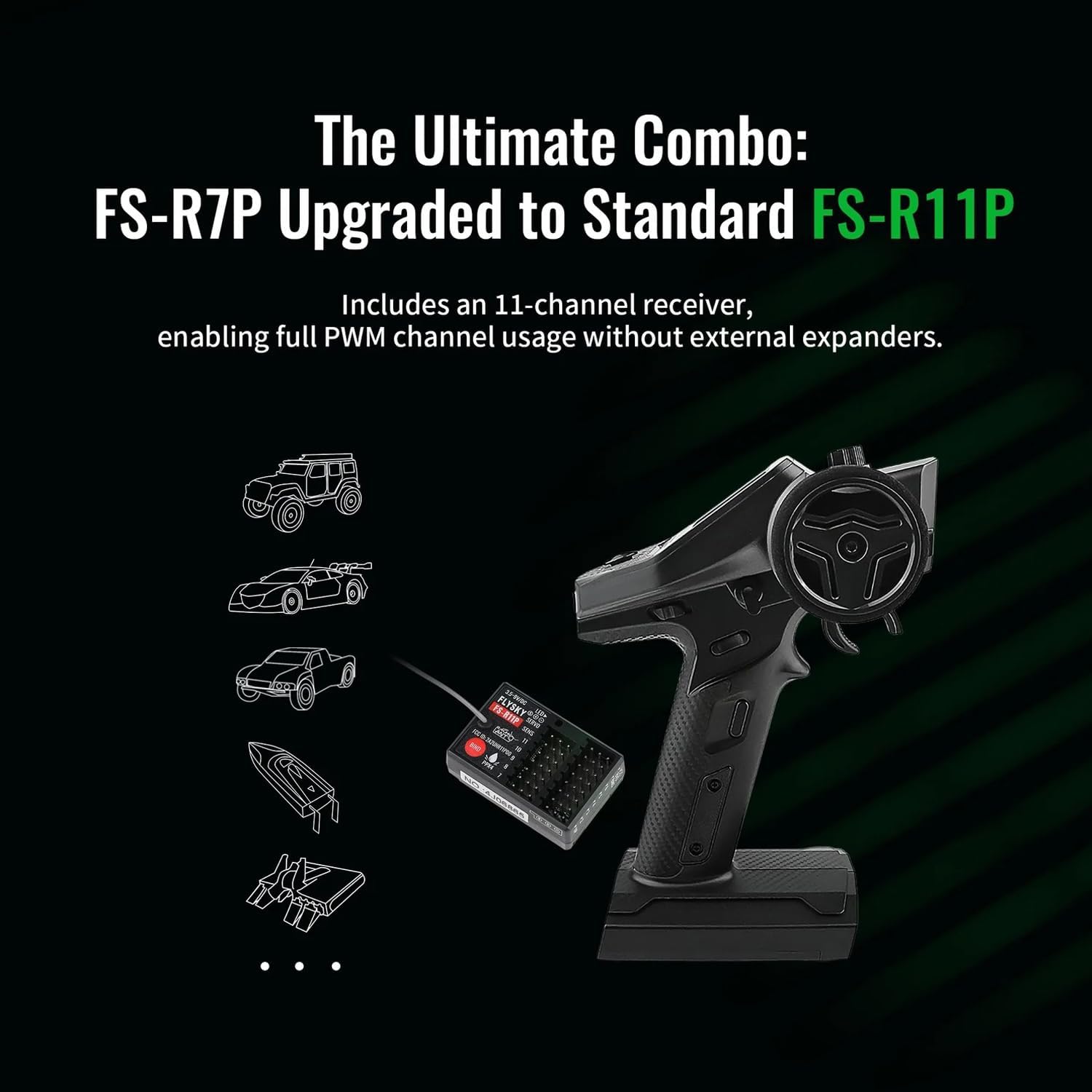 FS-G7P+ Transmitter and Receiver FS-R11P, for RC Car & Boat Flysky | 2.4GHz 10-Channels | Adopting Flysky Radio