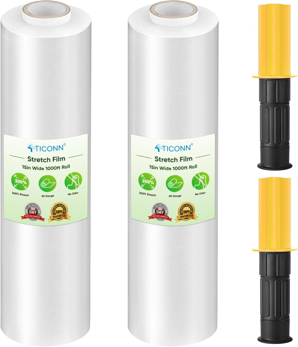 2Pk Stretch Wrap Stretch Film Roll, 1000ft Industrial Strength 15 inch Wide Clear Plastic Wrap with Handles for
