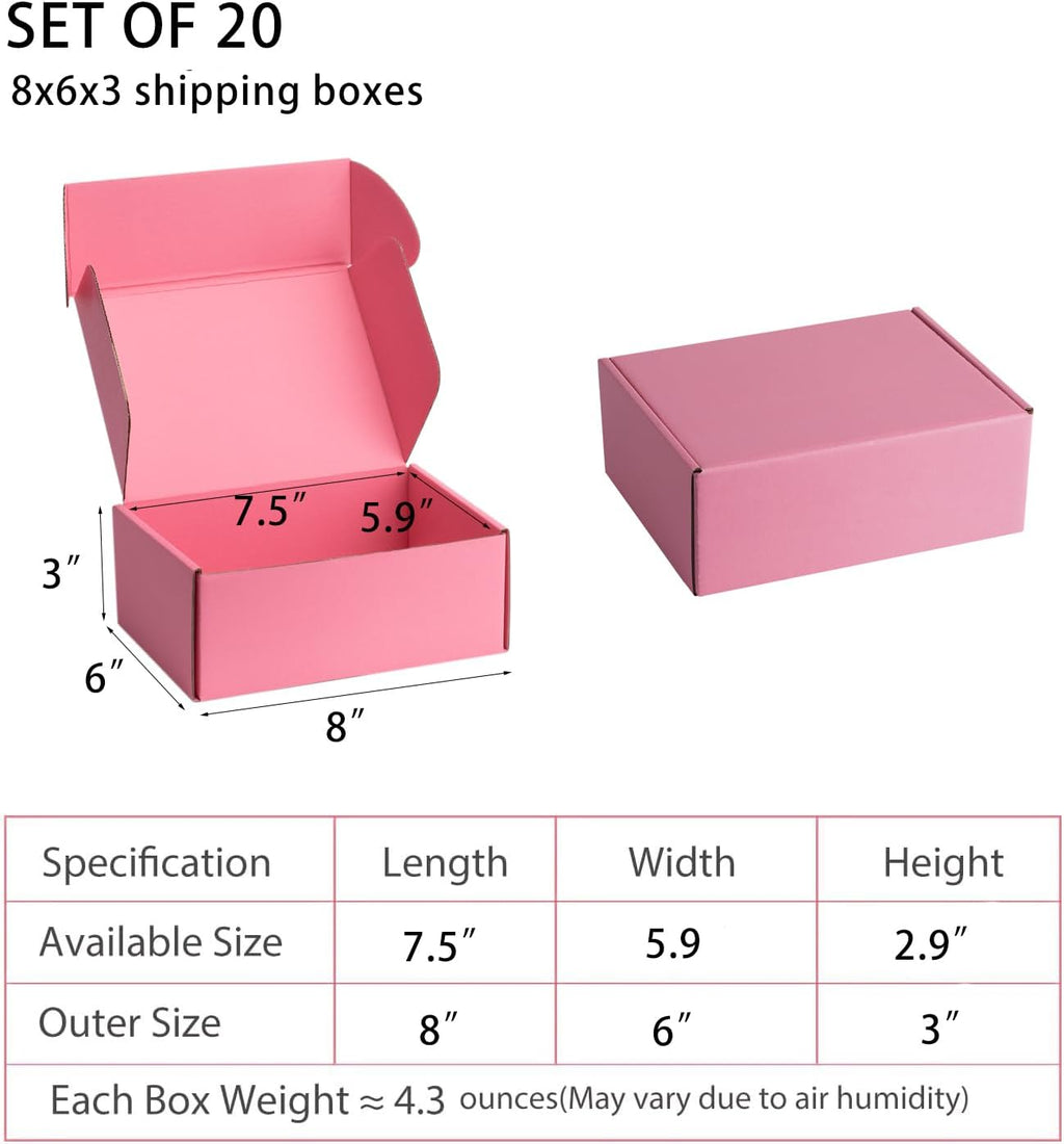 Pink Shipping Boxes 8x6x3 Inches, 20 Pack