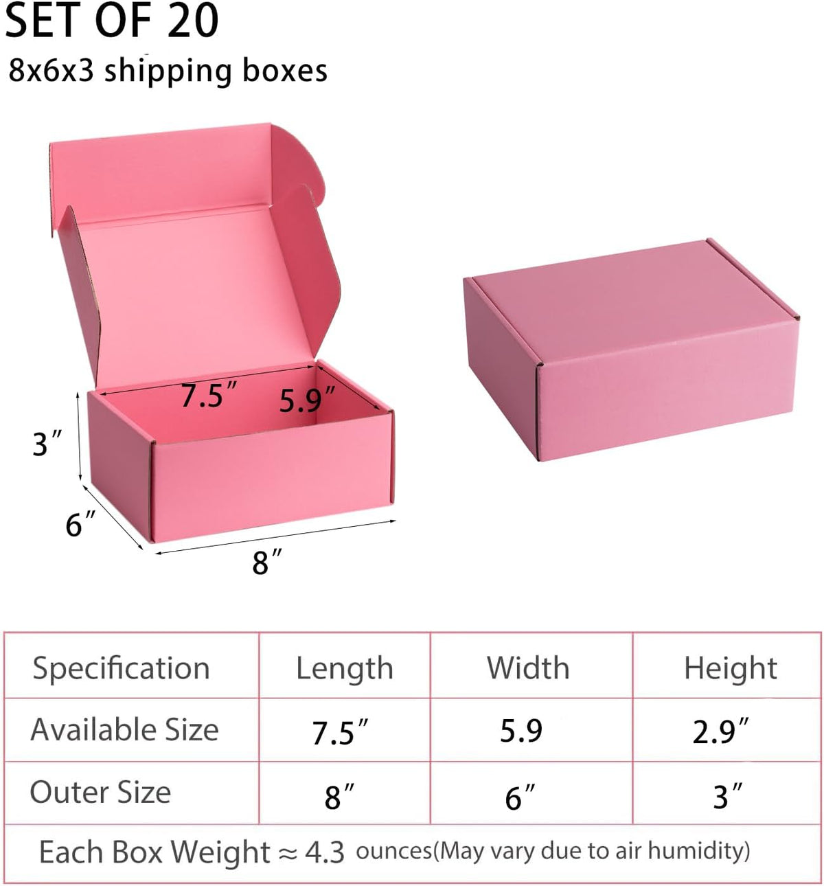 Pink Shipping Boxes 8x6x3 Inches, 20 Pack