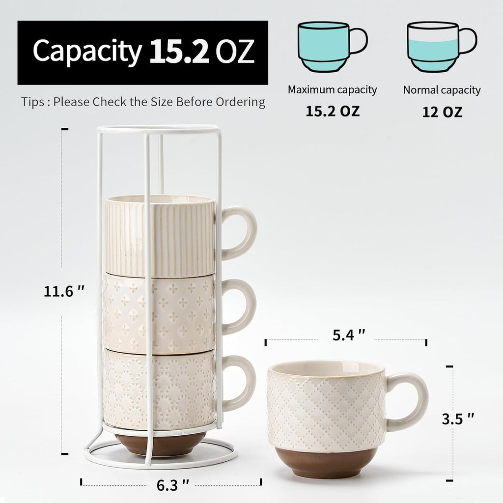 Large Ceramic Coffee Mug Set of 4 with Stand, 15 Oz Stackable Different Embossment Ribbed Latte Cup Set for
