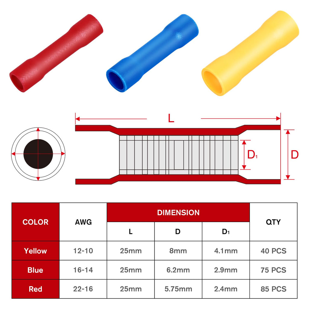 Nilight 200PCS Electrical Butt Connectors AWG 22-10